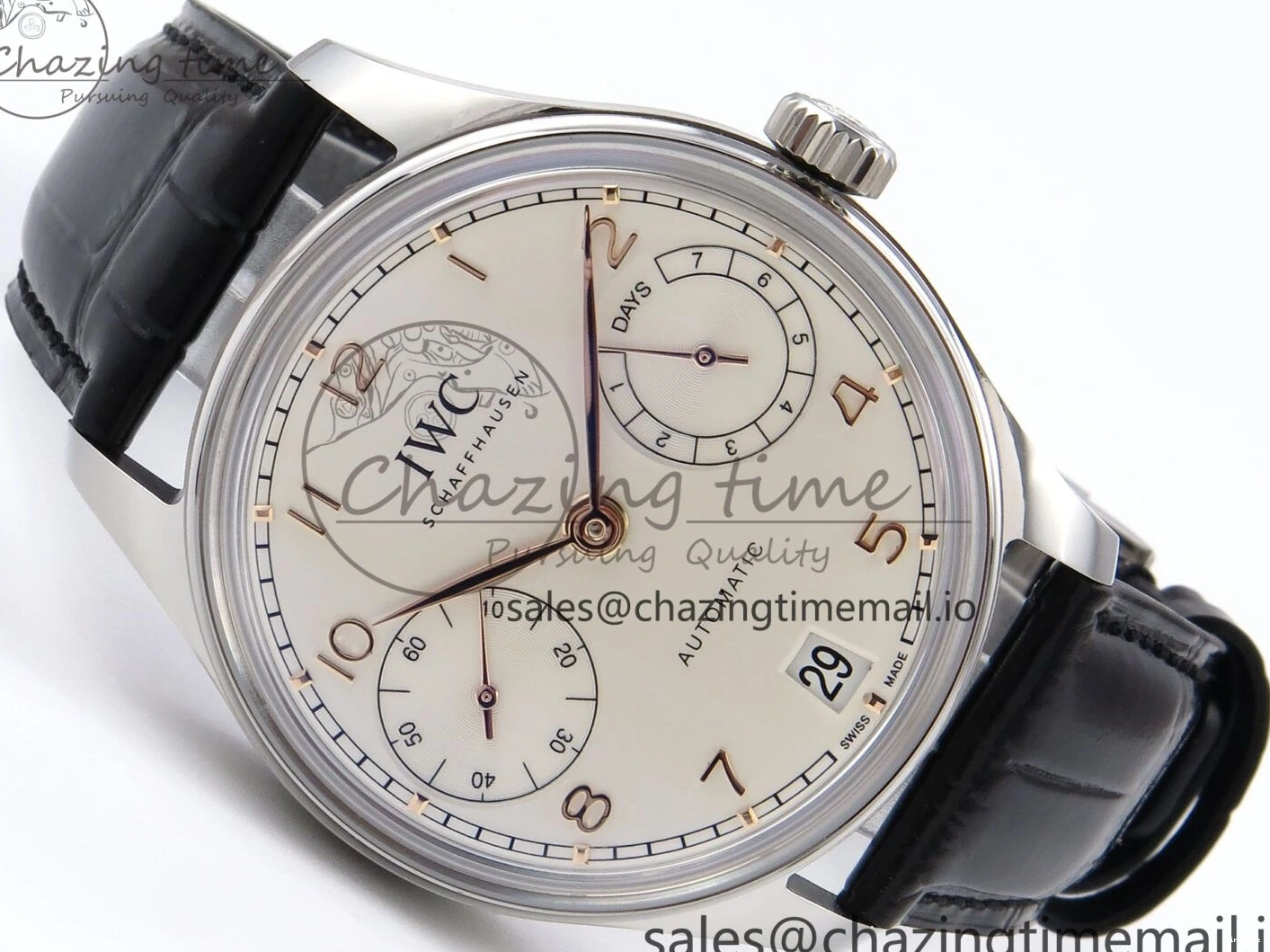 MIROTIME 0302 OnTrend Portugieser Automatic 42mm SS APSF 1:1 Best Edition White RG Dial on Black Leather Strap A 7010
